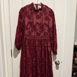 Ivy City Co Burgundy Floral Lace Long Sleeve Dress